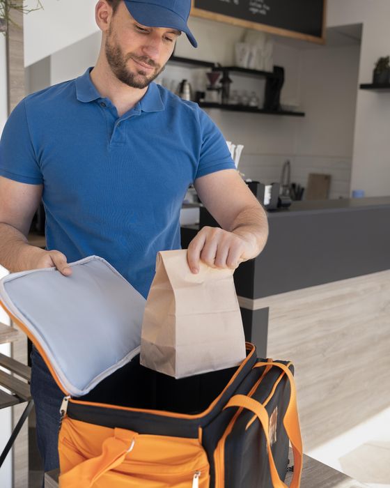 Fahrer packt Bestellung in die Liefertasche