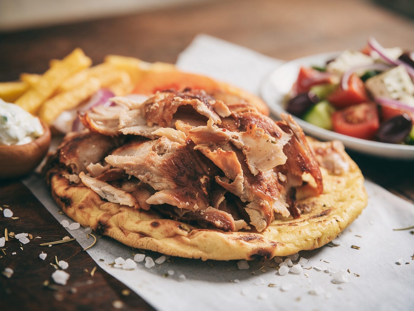 Gyros Pita mit Pommes, Tzatziki und griechischem Salat
